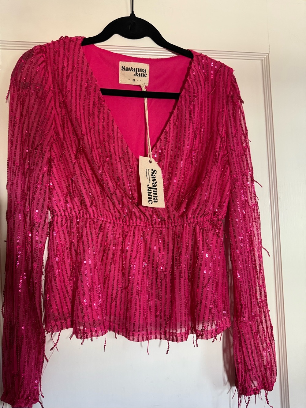 Savanna Jane NWT Pink Sequin Long-Sleeve V-Neck Top Size Small